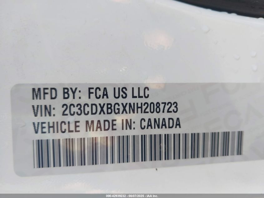 2022 Dodge Charger Sxt Rwd VIN: 2C3CDXBGXNH208723 Lot: 42939232