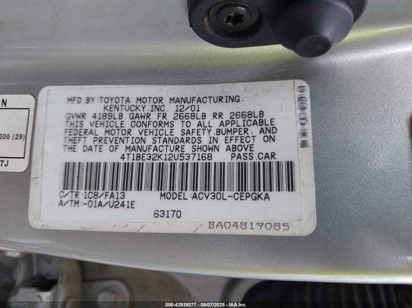 2002 Toyota Camry VIN: 4T1BE32K12V537168 Lot: 42939277