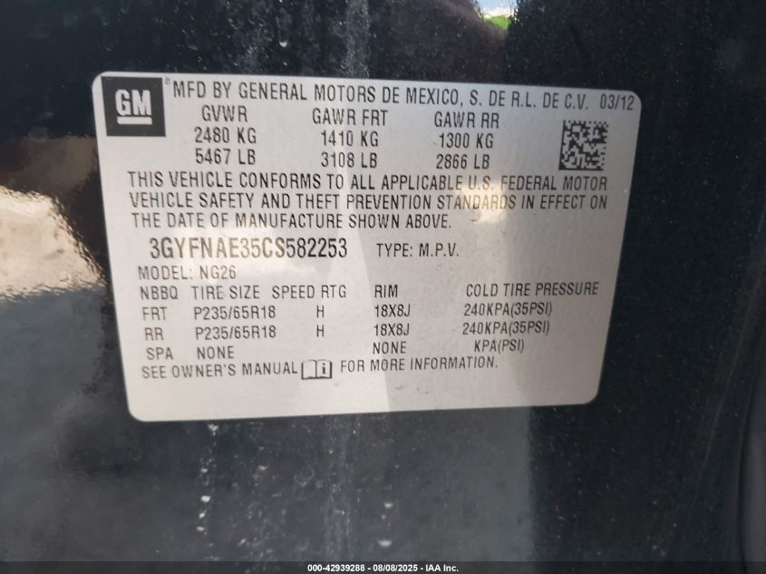 2012 Cadillac Srx Luxury Collection VIN: 3GYFNAE35CS582253 Lot: 42939288