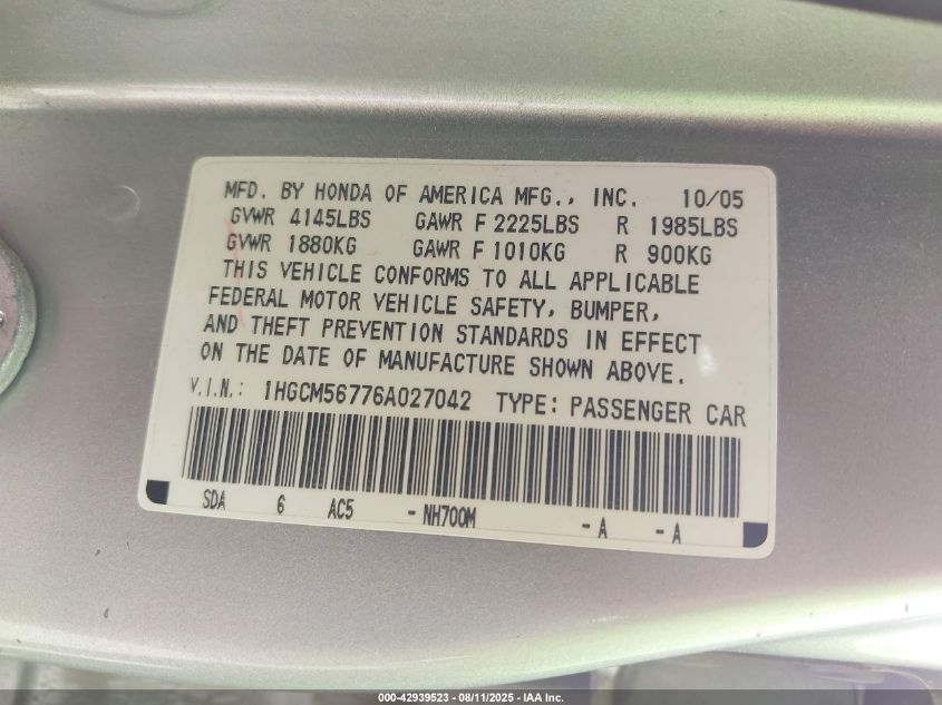 2006 Honda Accord 2.4 Ex VIN: 1HGCM56776A027042 Lot: 42939523