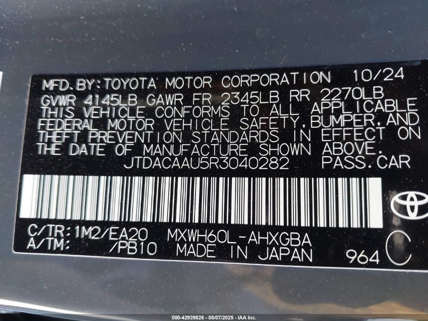 2024 Toyota Prius Xle VIN: JTDACAAU5R3040282 Lot: 42939526