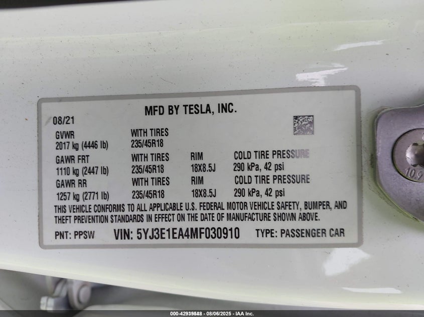 2021 Tesla Model 3 Standard Range Plus Rear-wheel Drive White Lot 111042939548 Vin 5YJ3E1EA4MF030910