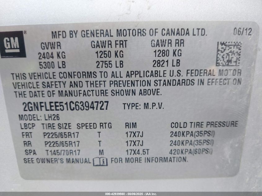 2012 Chevrolet Equinox 1Lt VIN: 2GNFLEE51C6394727 Lot: 42939560