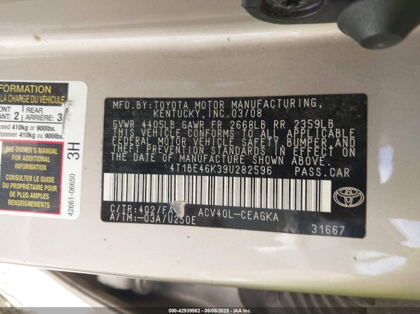 2009 Toyota Camry Xle VIN: 4T1BE46K39U282596 Lot: 42939562
