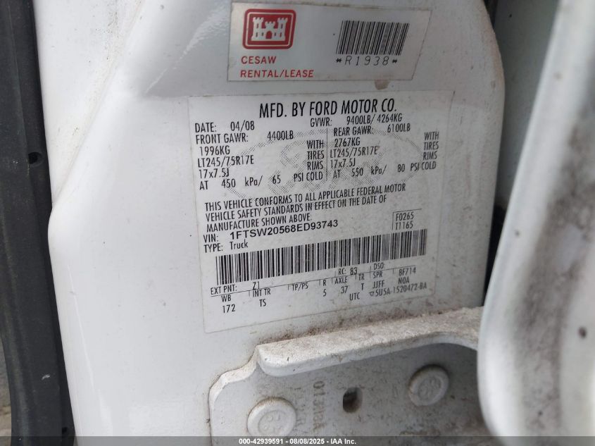 2008 Ford F-250 King Ranch/Lariat/Xl/Xlt VIN: 1FTSW20568ED93743 Lot: 42939591