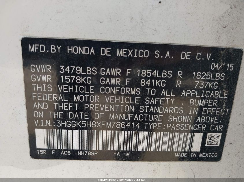 2015 Honda Fit Ex/Ex-L VIN: 3HGGK5H8XFM786414 Lot: 42939633