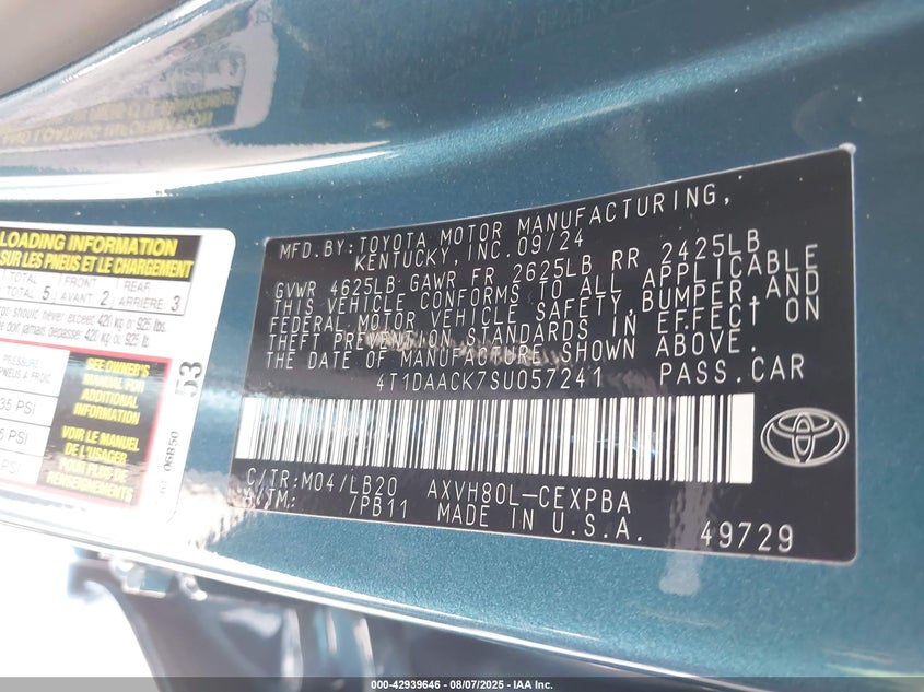 2025 Toyota Camry Xse VIN: 4T1DAACK7SU057241 Lot: 42939646