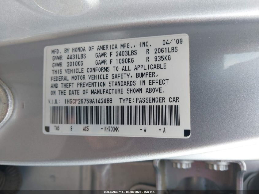 2009 Honda Accord 2.4 Ex VIN: 1HGCP26759A142488 Lot: 42939714