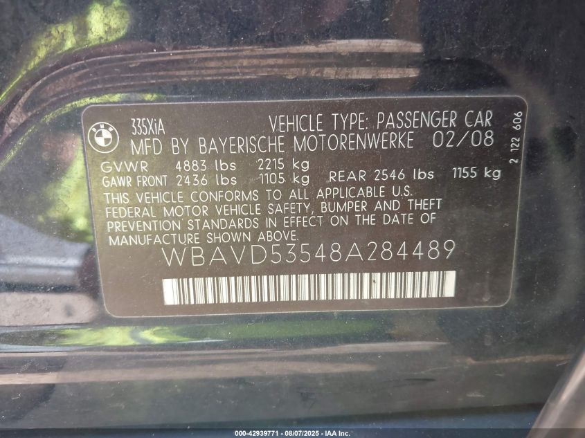 2008 BMW 335Xi VIN: WBAVD53548A284489 Lot: 42939771