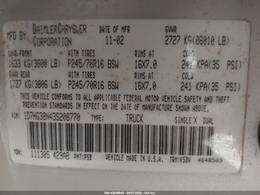 2003 Dodge Dakota Sport/Sxt VIN: 1D7HG38N43S208770 Lot: 42939845