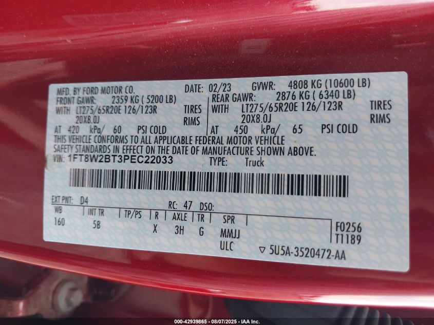 2023 Ford F-250 Lariat VIN: 1FT8W2BT3PEC22033 Lot: 42939865