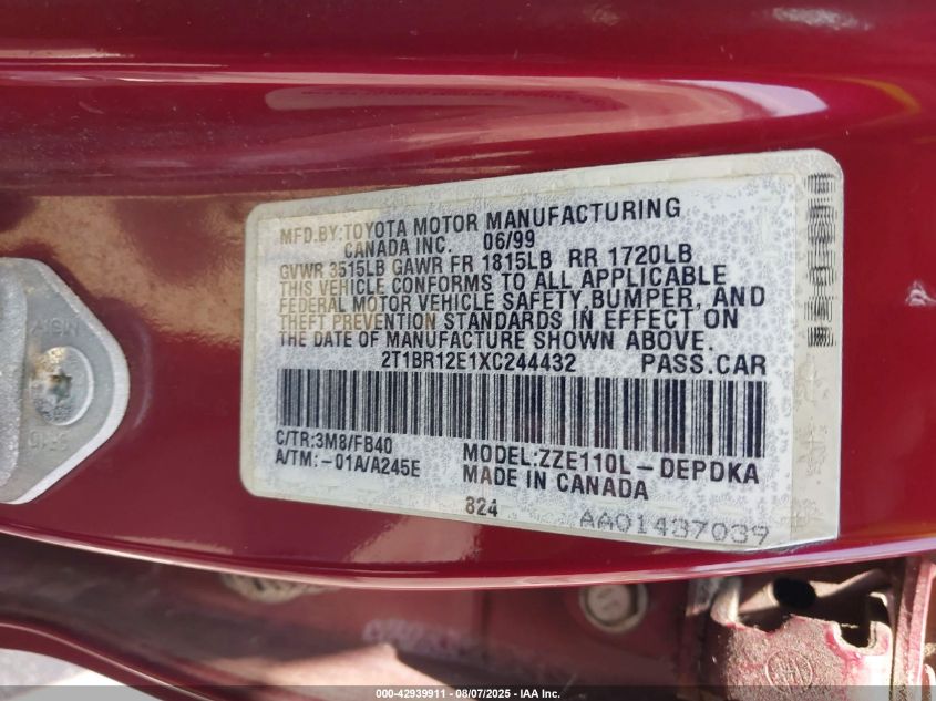 1999 Toyota Corolla Ce VIN: 2T1BR12E1XC244432 Lot: 42939911