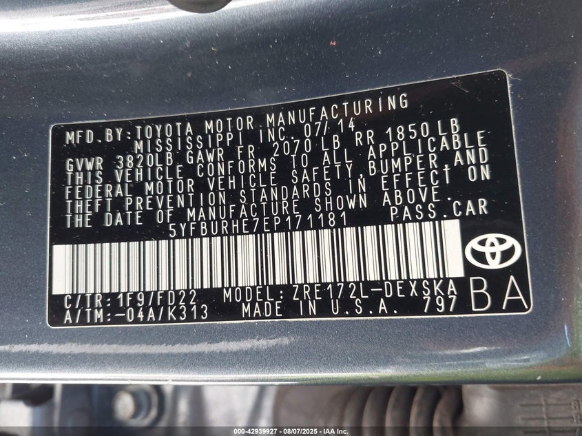 2014 Toyota Corolla S/S Plus/S Premium VIN: 5YFBURHE7EP171181 Lot: 42939927