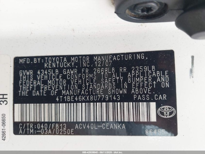 2008 Toyota Camry Le VIN: 4T1BE46KX8U779143 Lot: 42939945