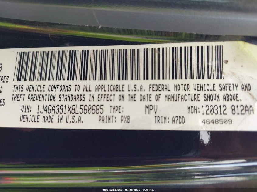 2008 Jeep Wrangler Unlimited X VIN: 1J4GA391X8L560685 Lot: 42940063
