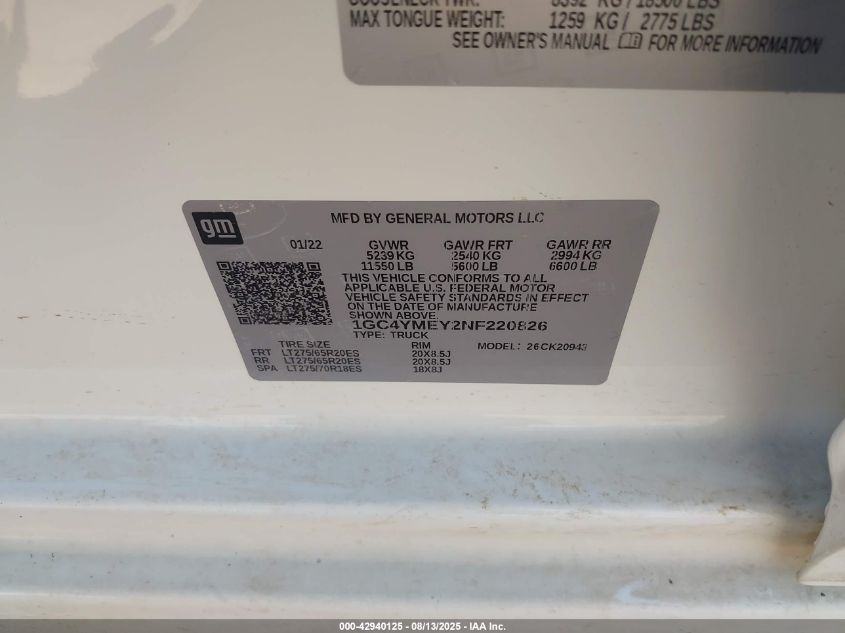 2022 Chevrolet Silverado 2500Hd 4Wd Long Bed Custom VIN: 1GC4YMEY2NF220826 Lot: 42940125