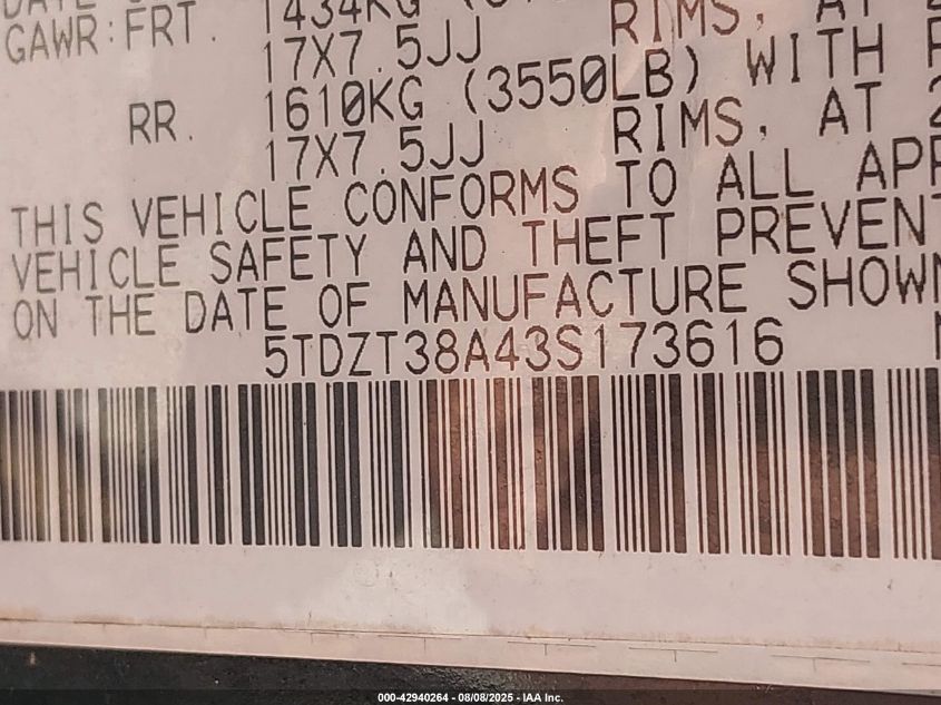 2003 Toyota Sequoia Limited V8 VIN: 5TDZT38A43S173616 Lot: 42940264