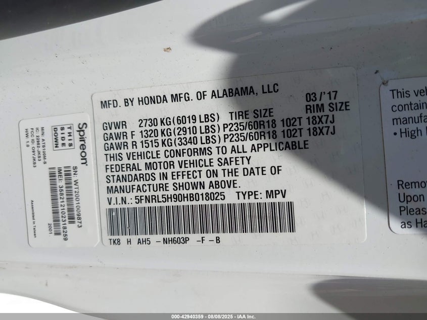 2017 HONDA ODYSSEY TOURING/TOURING ELITE 5FNRL5H90HB018025