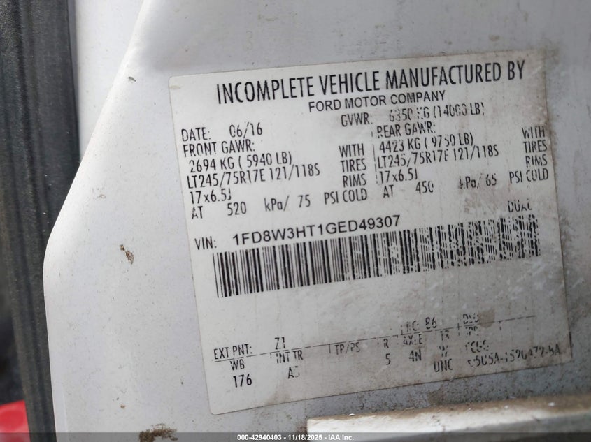 2016 Ford F-350 Chassis Xl VIN: 1FD8W3HT1GED49307 Lot: 42940403