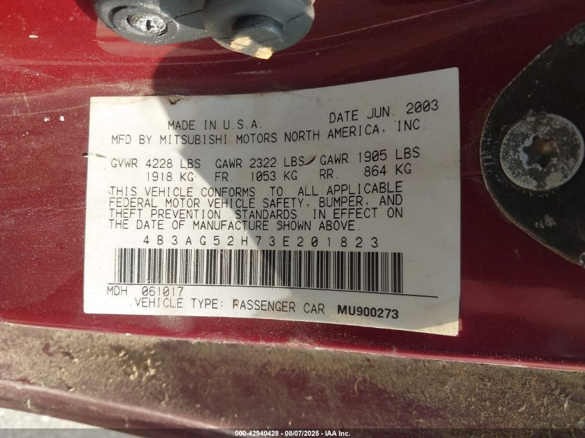 2003 Dodge Stratus R/T VIN: 4B3AG52H73E201823 Lot: 42940428