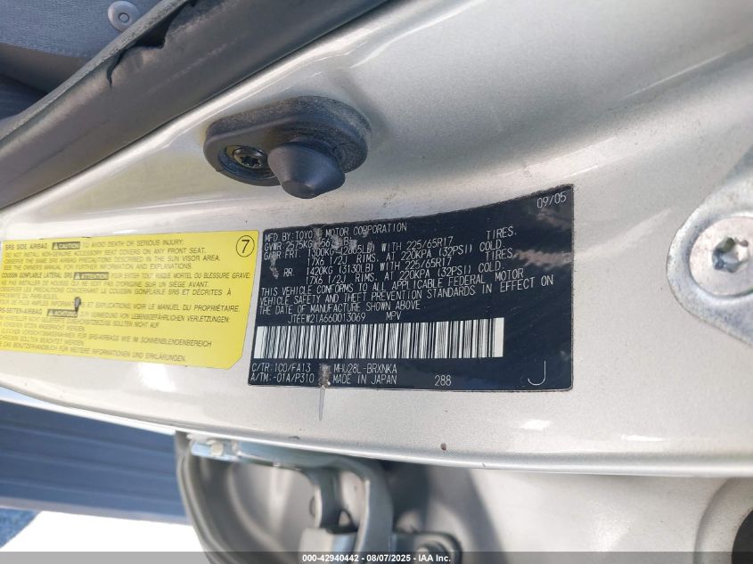 2006 Toyota Highlander Hybrid V6 VIN: JTEEW21A660013069 Lot: 42940442