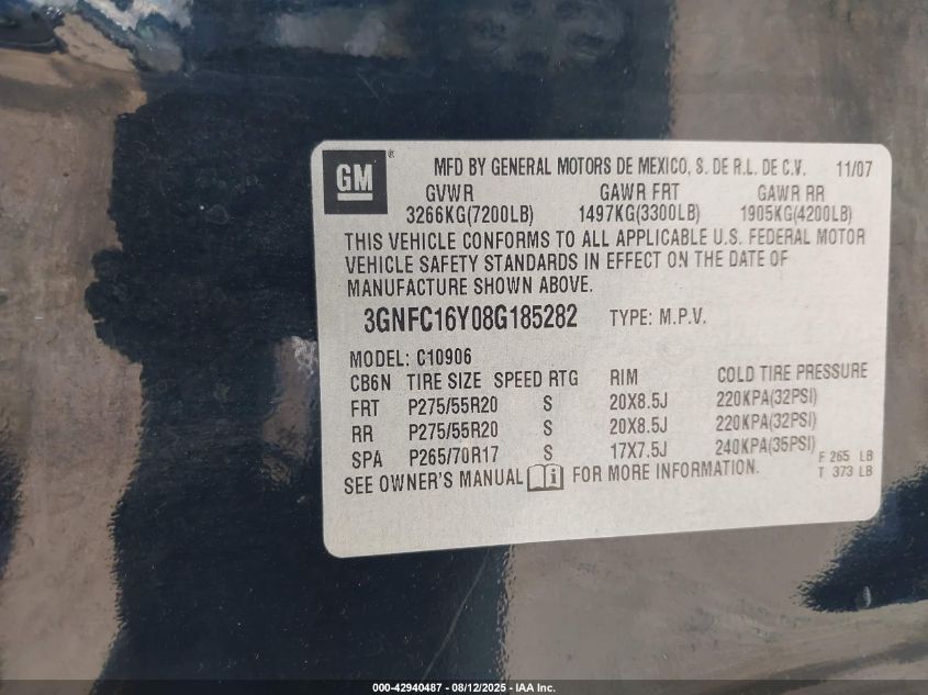 2008 Chevrolet Suburban 1500 Ltz VIN: 3GNFC16Y08G185282 Lot: 42940487