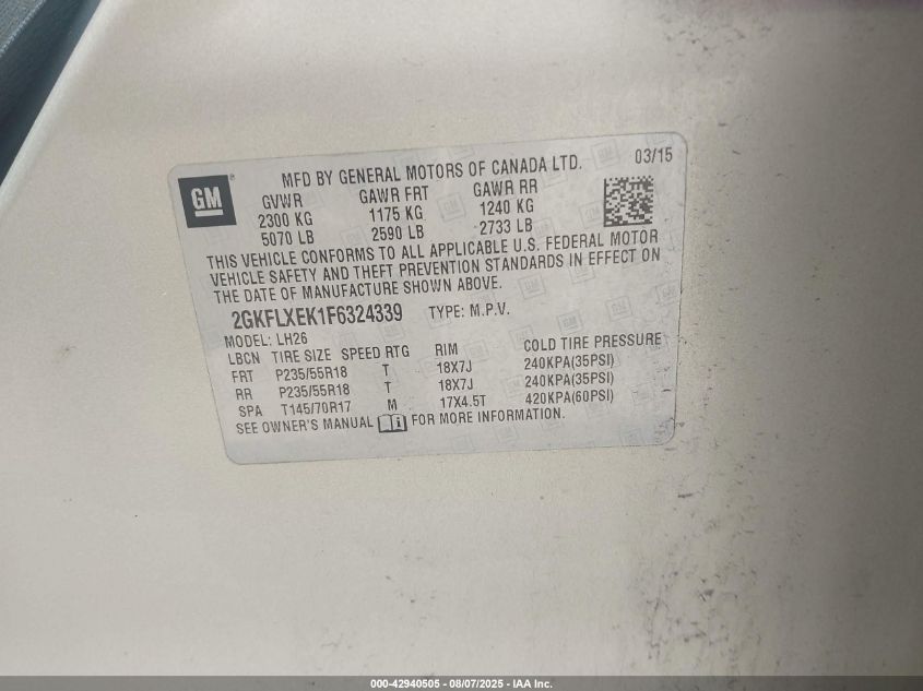 2015 GMC Terrain Slt-1 VIN: 2GKFLXEK1F6324339 Lot: 42940505