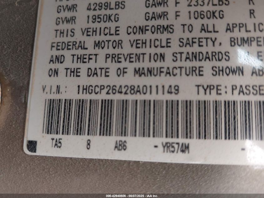 2008 Honda Accord 2.4 Lx-P VIN: 1HGCP26428A011149 Lot: 42940506