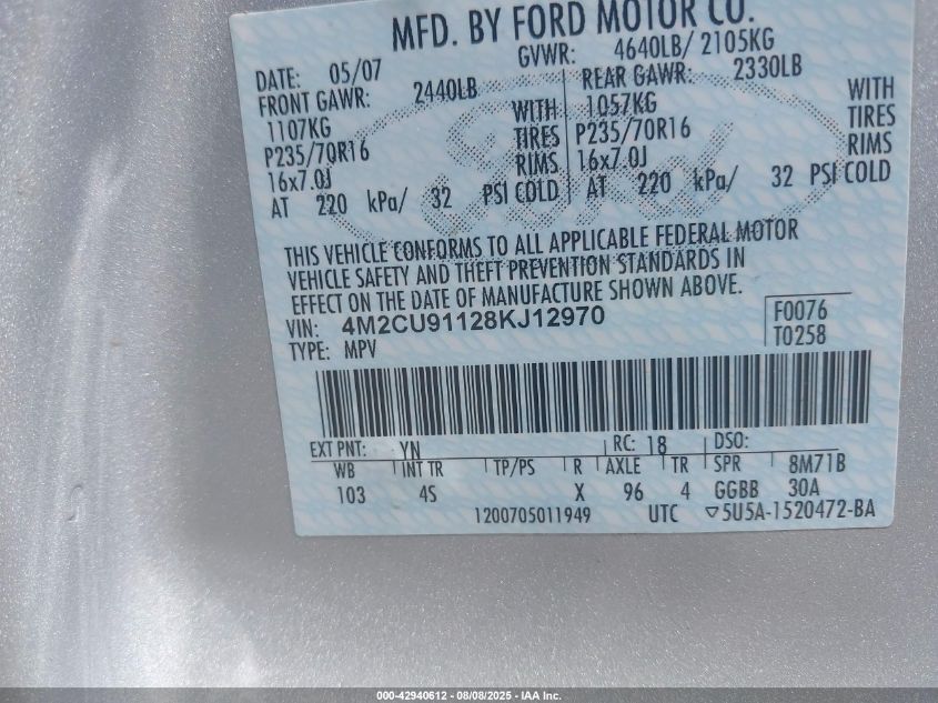 2008 Mercury Mariner V6 VIN: 4M2CU91128KJ12970 Lot: 42940612