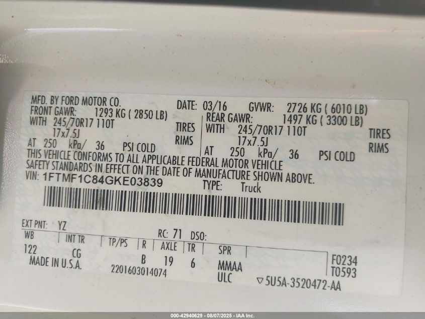 2016 Ford F-150 Xl VIN: 1FTMF1C84GKE03839 Lot: 42940629