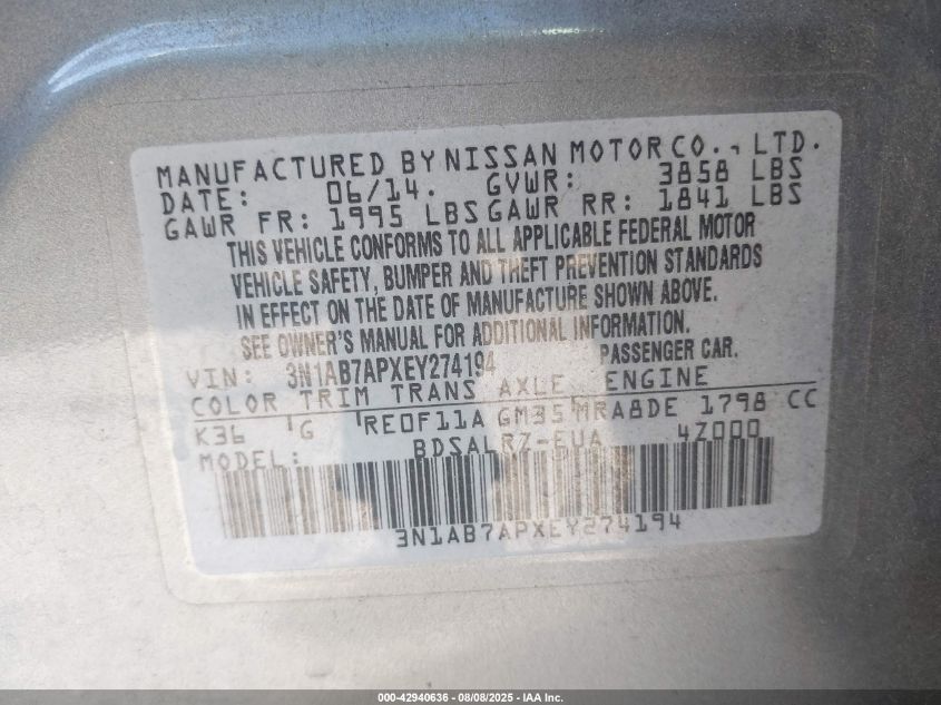 2014 Nissan Sentra Sr VIN: 3N1AB7APXEY274194 Lot: 42940636