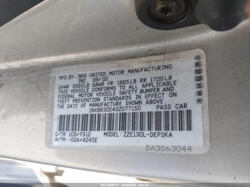 2003 Toyota Corolla S VIN: 1NXBR32E43Z077150 Lot: 42940731