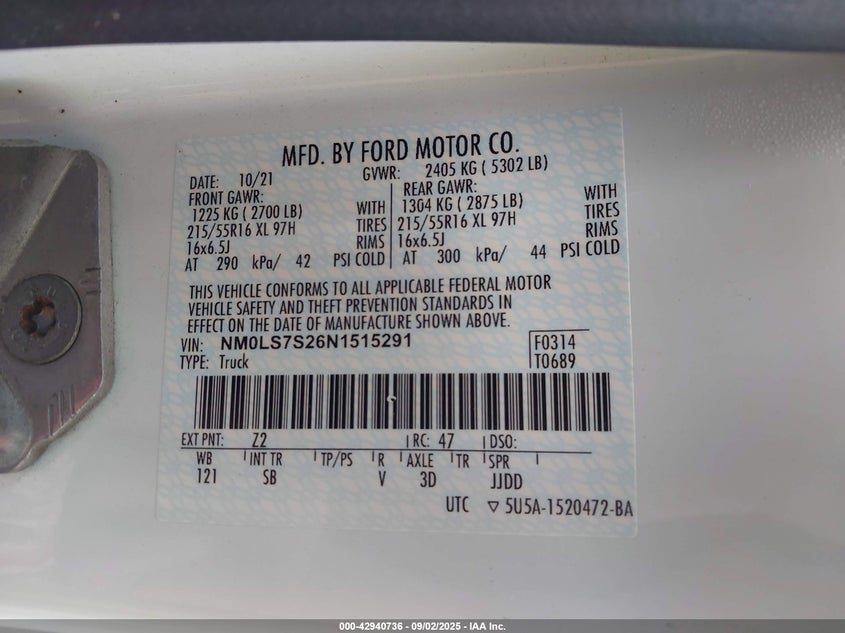 2022 Ford Transit Connect Xl Cargo Van VIN: NM0LS7S26N1515291 Lot: 42940736