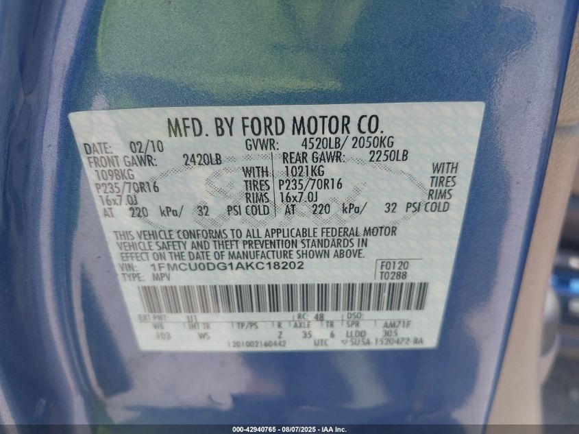 2010 Ford Escape Xlt VIN: 1FMCU0DG1AKC18202 Lot: 42940765