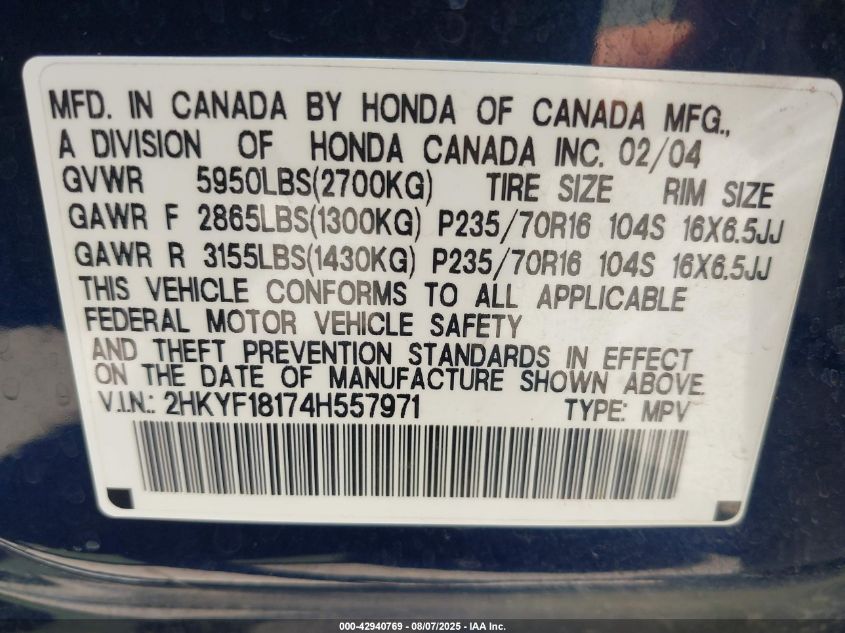 2004 Honda Pilot Lx VIN: 2HKYF18174H557971 Lot: 42940769