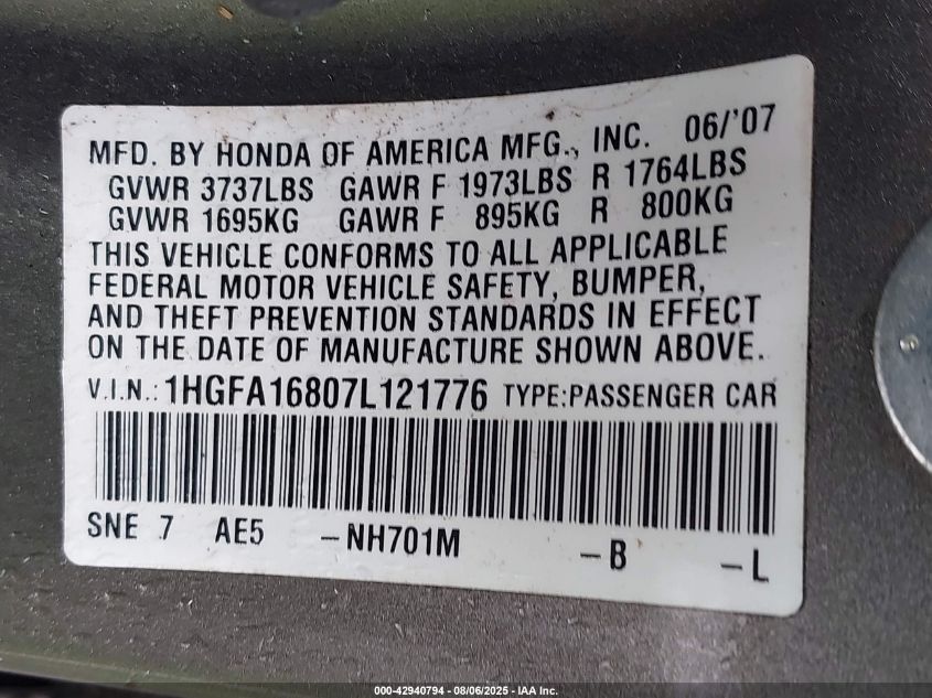 2007 Honda Civic Ex VIN: 1HGFA16807L121776 Lot: 42940794