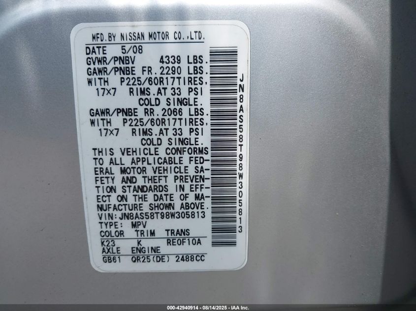 2008 Nissan Rogue Sl VIN: JN8AS58T98W305813 Lot: 42940914