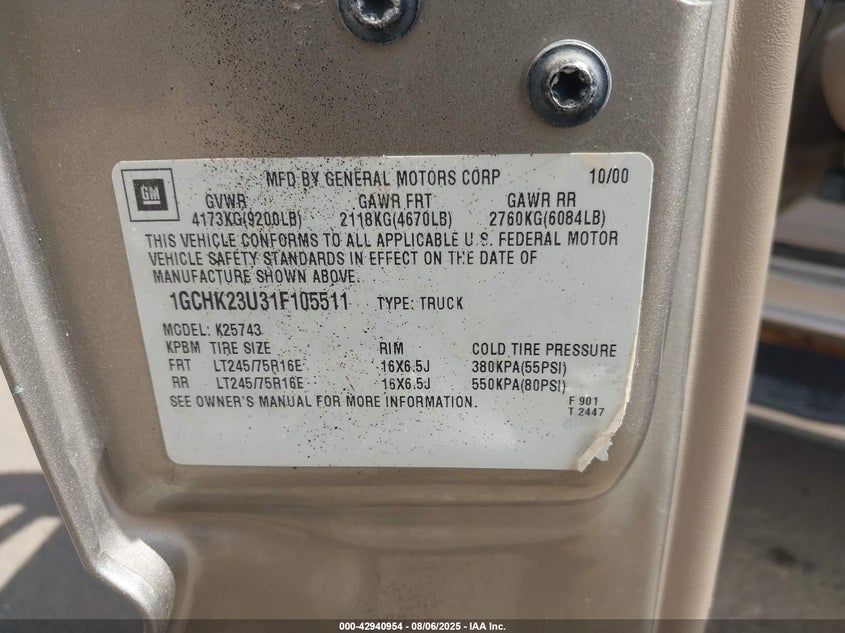 2001 Chevrolet Silverado 2500Hd Ls VIN: 1GCHK23U31F105511 Lot: 42940954