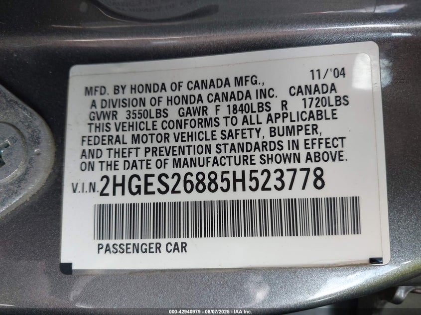 2005 Honda Civic Ex VIN: 2HGES26885H523778 Lot: 42940979