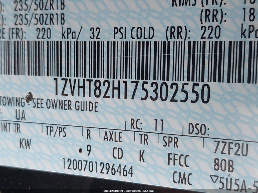 2007 Ford Mustang Gt Deluxe/Gt Premium VIN: 1ZVHT82H175302550 Lot: 42940989