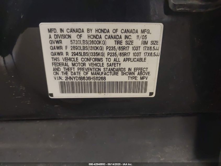 2006 Acura Mdx VIN: 2HNYD18636H511268 Lot: 42940993