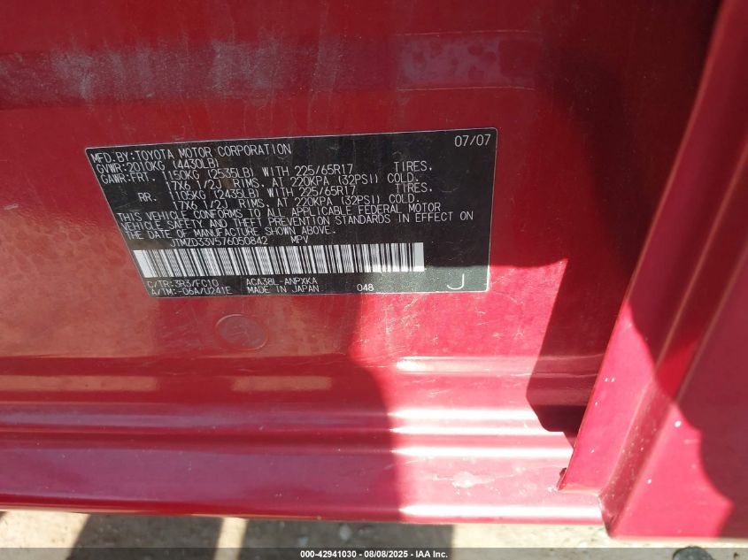 2007 Toyota Rav4 VIN: JTMZD33V576050842 Lot: 42941030