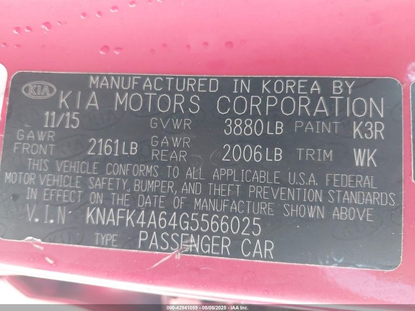 2016 Kia Forte Lx VIN: KNAFK4A64G5566025 Lot: 42941059