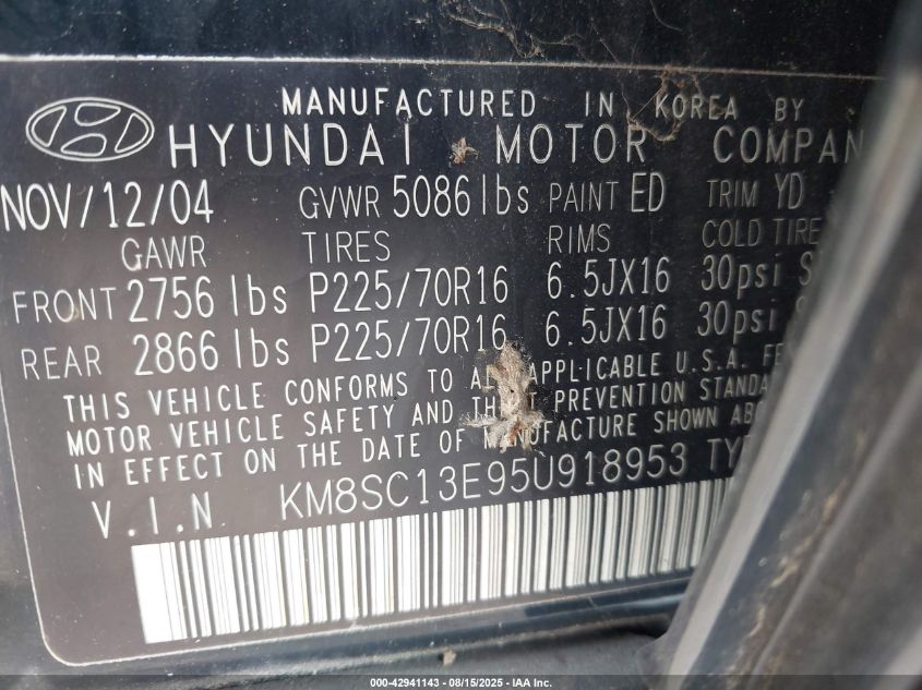 2005 Hyundai Santa Fe Gls/Lx VIN: KM8SC13E95U918953 Lot: 42941143