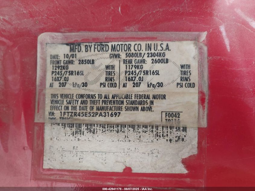 2002 Ford Ranger Edge/Xlt VIN: 1FTZR45E52PA31697 Lot: 42941178