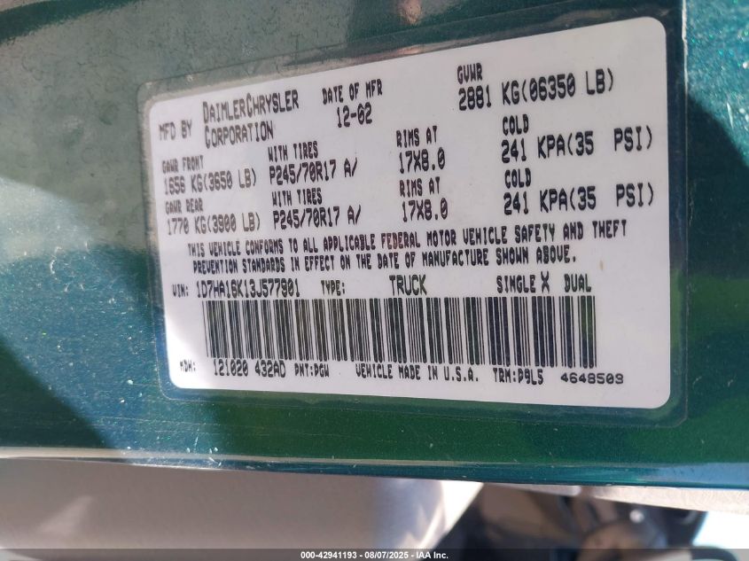 2003 Dodge Ram 1500 St VIN: 1D7HA16K13J577901 Lot: 42941193