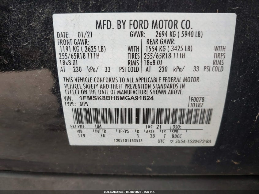 2021 Ford Explorer 2.3 Black Lot 111042941236 Vin 1FMSK8BH8MGA91824