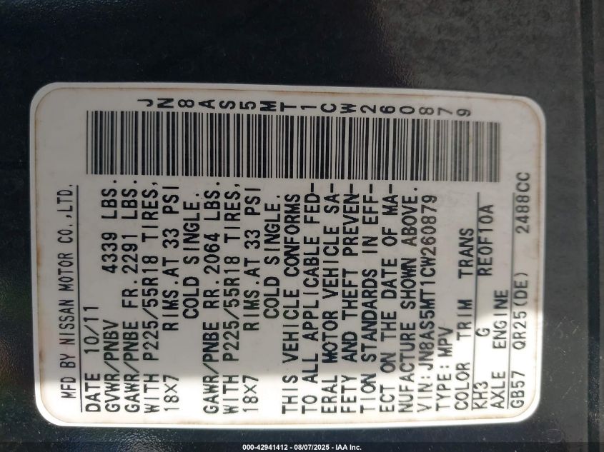 2012 Nissan Rogue Sv W/Sl Pkg VIN: JN8AS5MT1CW260879 Lot: 42941412