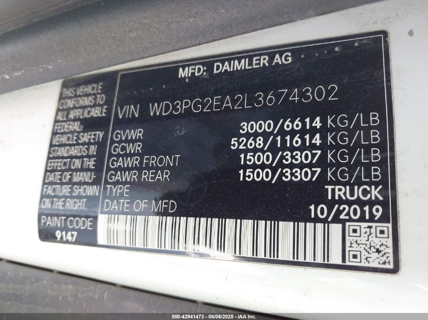 2020 Mercedes-Benz Metris VIN: WD3PG2EA2L3674302 Lot: 42941473