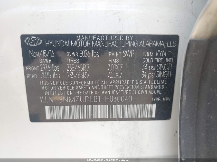 2017 Hyundai Santa Fe Sport 2.4L VIN: 5NMZUDLB1HH030040 Lot: 42941513